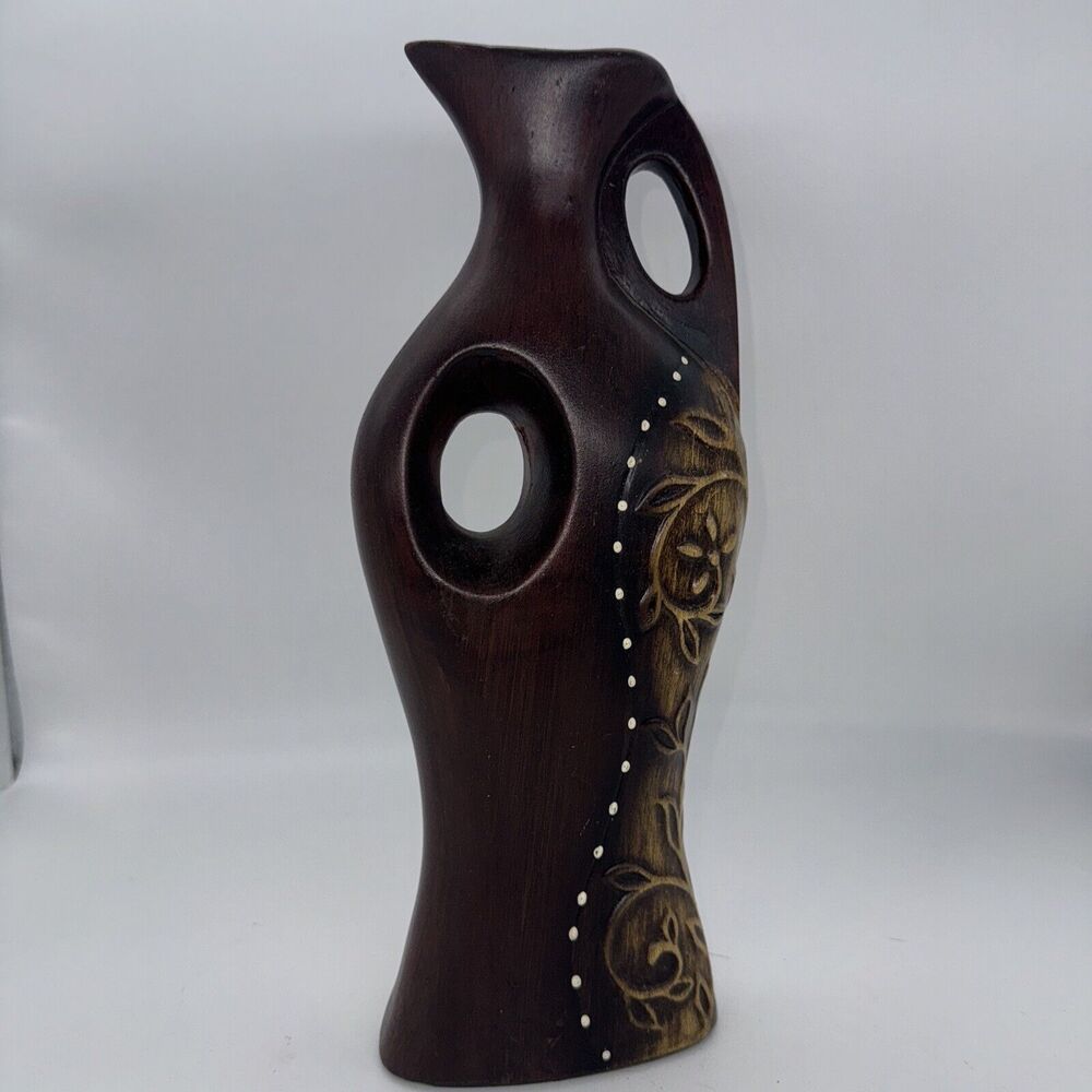 Vintage Ceramic Pitcher Vase‎ Wood Tone Hand Painted 13” Tall